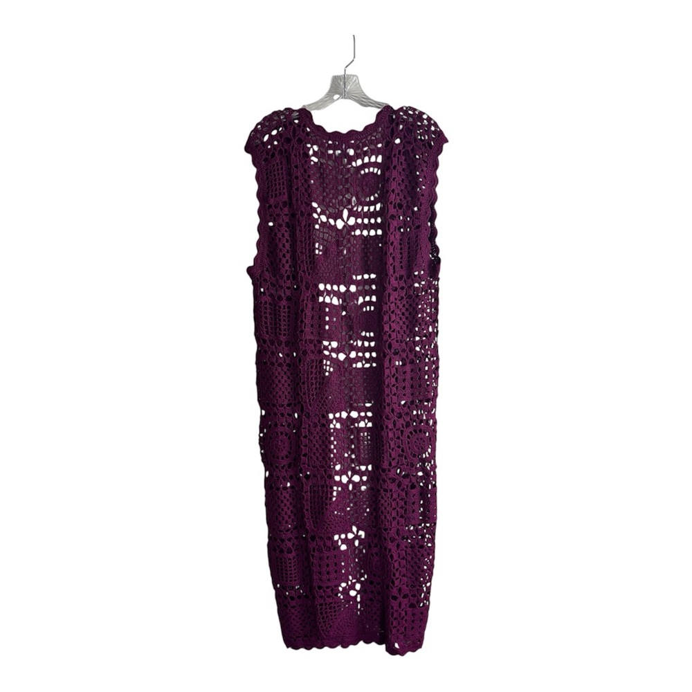 Hand Knit Crochet Granny Square Long Vest Cardigan Duster Purple L Boho Hippie